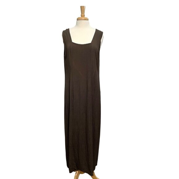 FLAX Crepe Sleeveless Long Maxi Dress Square Neck Lagenlook Brown size Medium - Picture 1 of 10